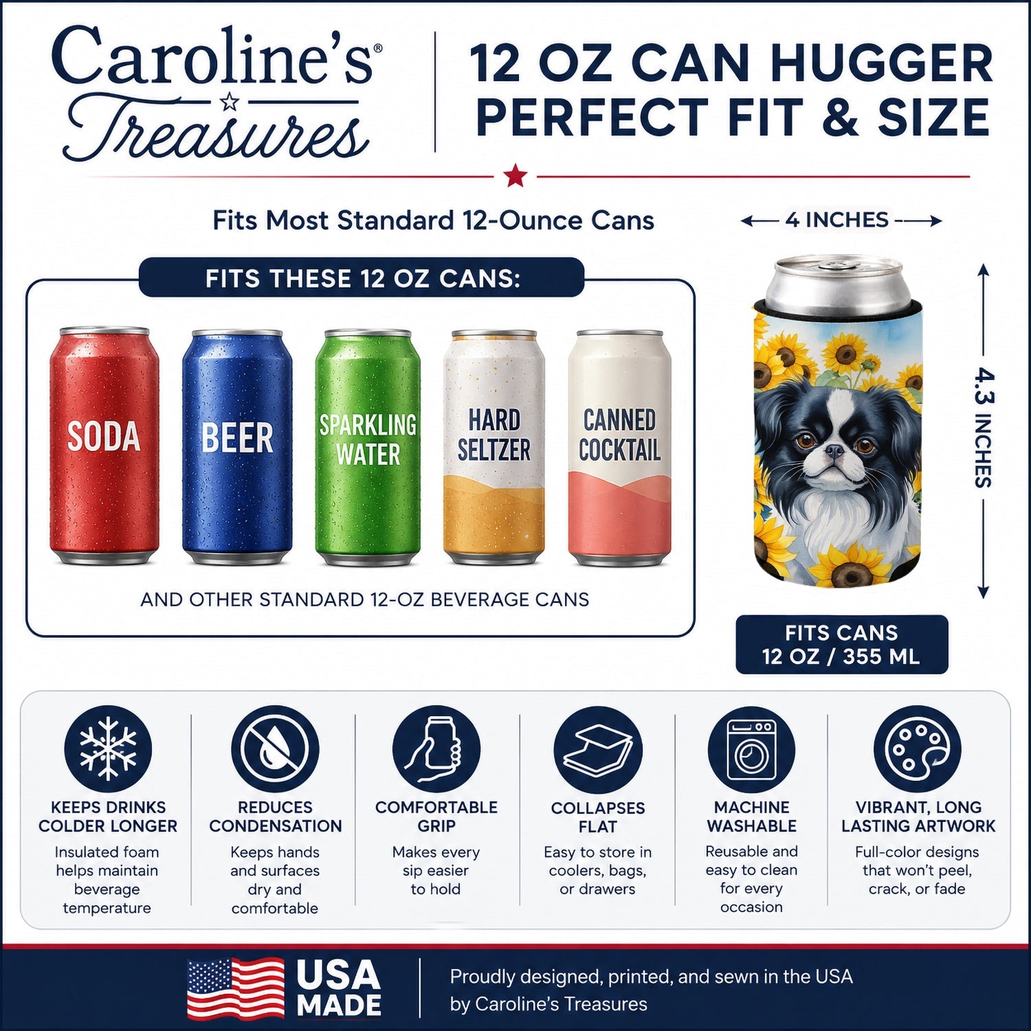 Japanese Chin in Sunflowers Can or Bottle Hugger Cooler Sleeve for Standard 12 oz Cans, Insulated Foam Beer & Soda Can Hugger Reusable