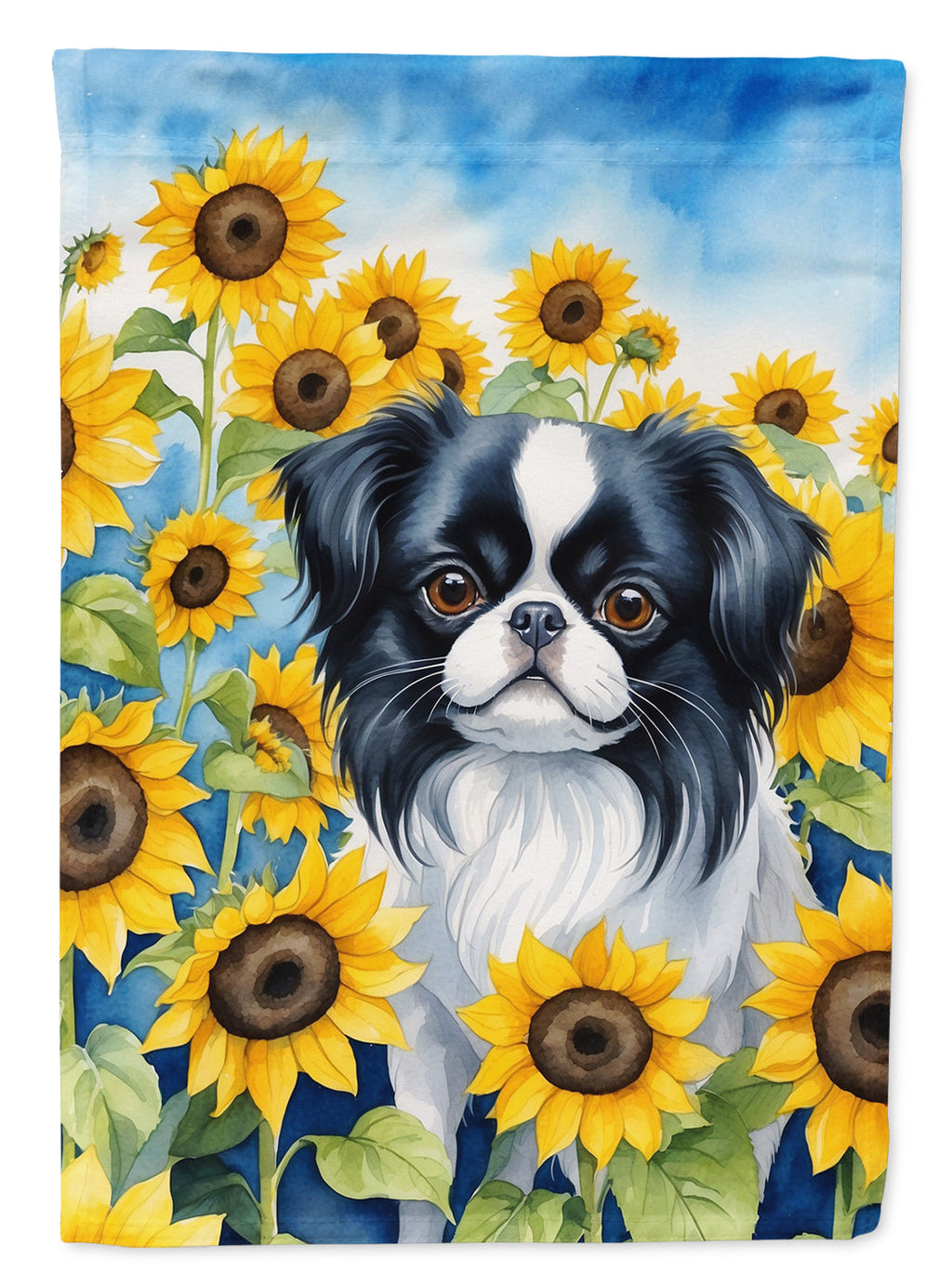 Japanese Chin in Sunflowers House Flag 28x40 Porch Sleeve Pole Decorative Outside Yard Banner Artwork Wall Hanging, Polyester