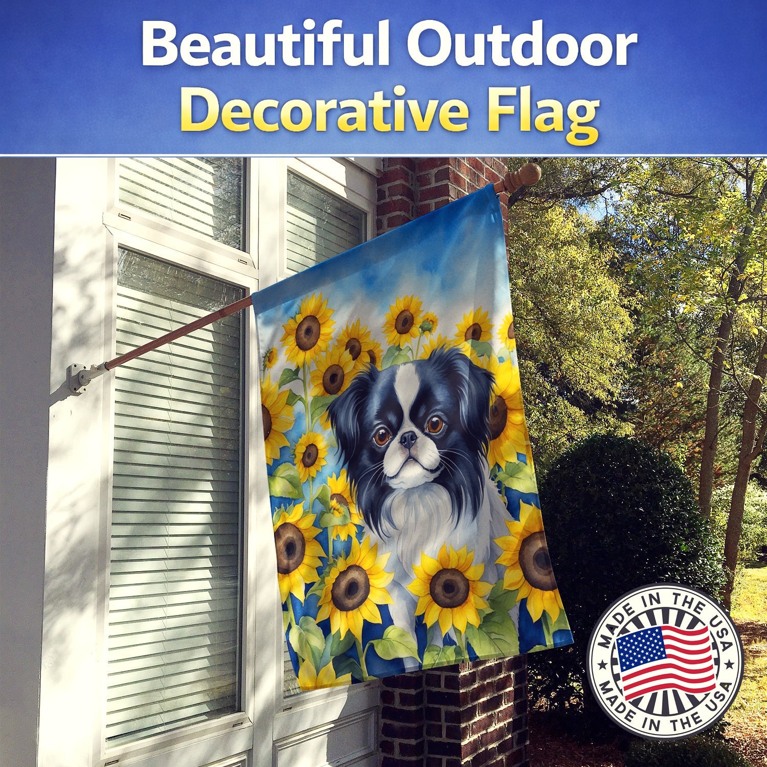 Japanese Chin in Sunflowers House Flag 28x40 Porch Sleeve Pole Decorative Outside Yard Banner Artwork Wall Hanging, Polyester