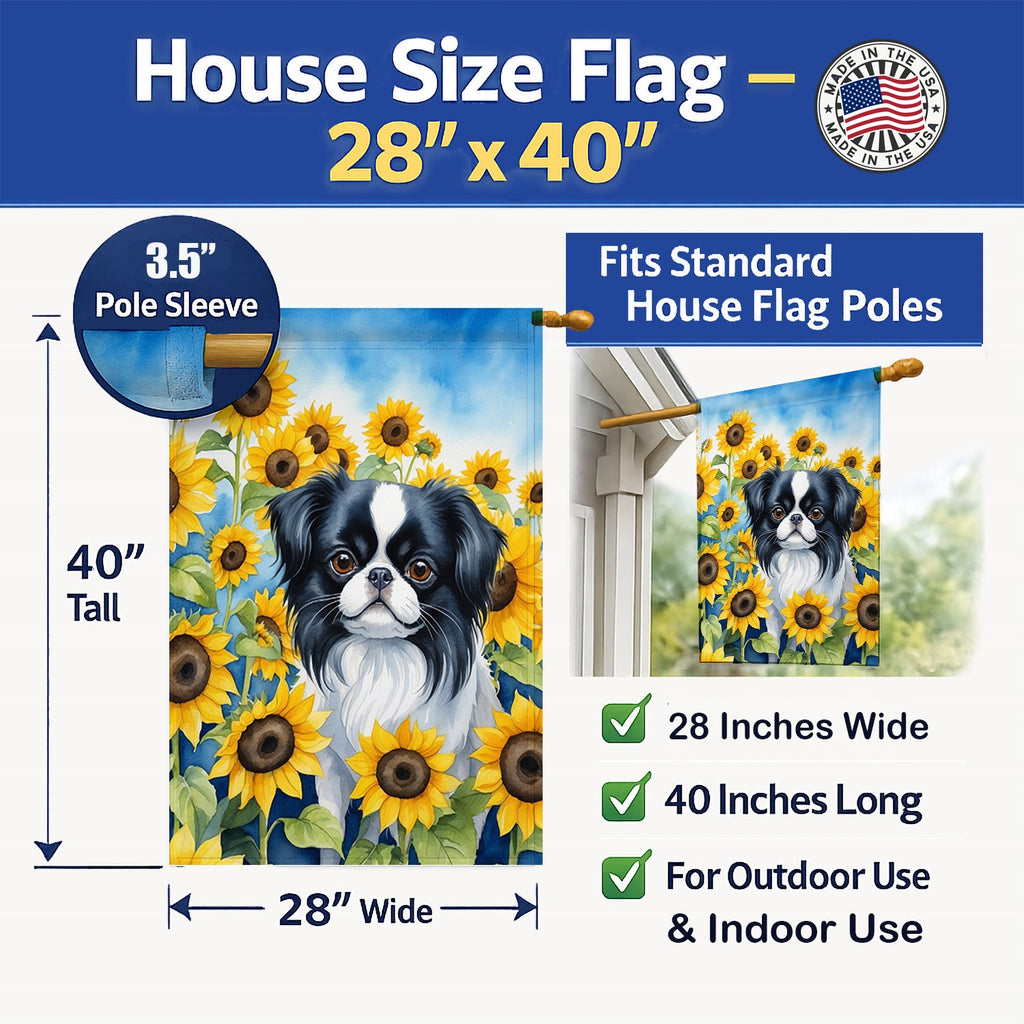 Japanese Chin in Sunflowers House Flag 28x40 Porch Sleeve Pole Decorative Outside Yard Banner Artwork Wall Hanging, Polyester