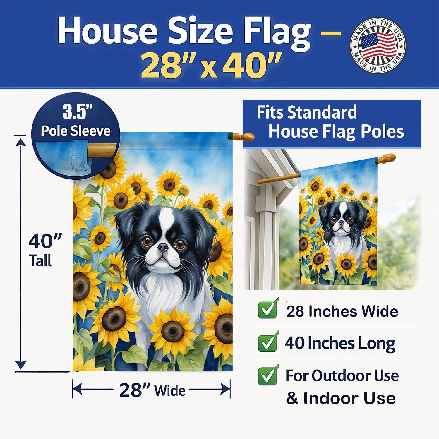 Japanese Chin in Sunflowers House Flag 28x40 Porch Sleeve Pole Decorative Outside Yard Banner Artwork Wall Hanging, Polyester