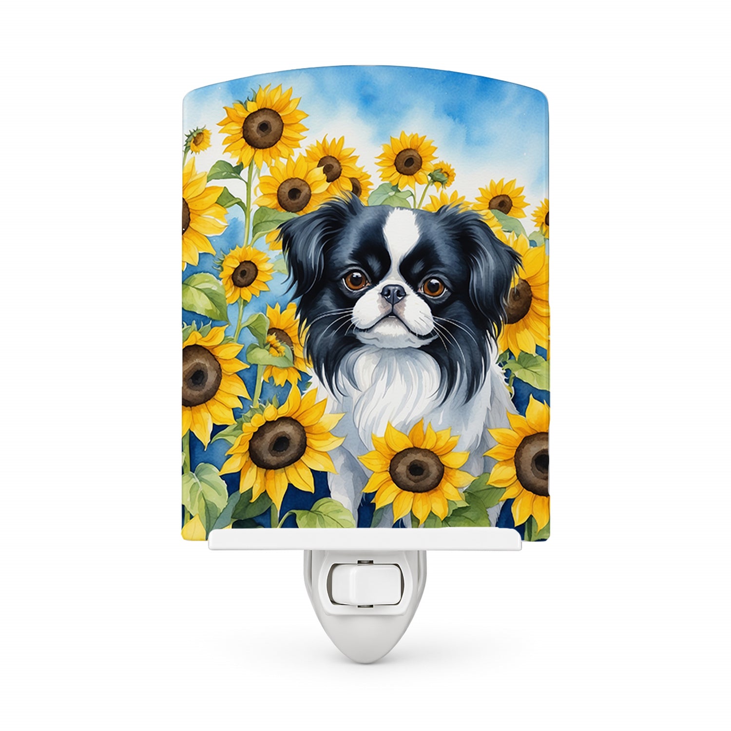 Japanese Chin in Sunflowers Ceramic Night Light Compact, UL-Certified, Ideal for Bedroom, Bathroom, Nursery, Hallway, Kitchen, 6x4x3, Multicolor