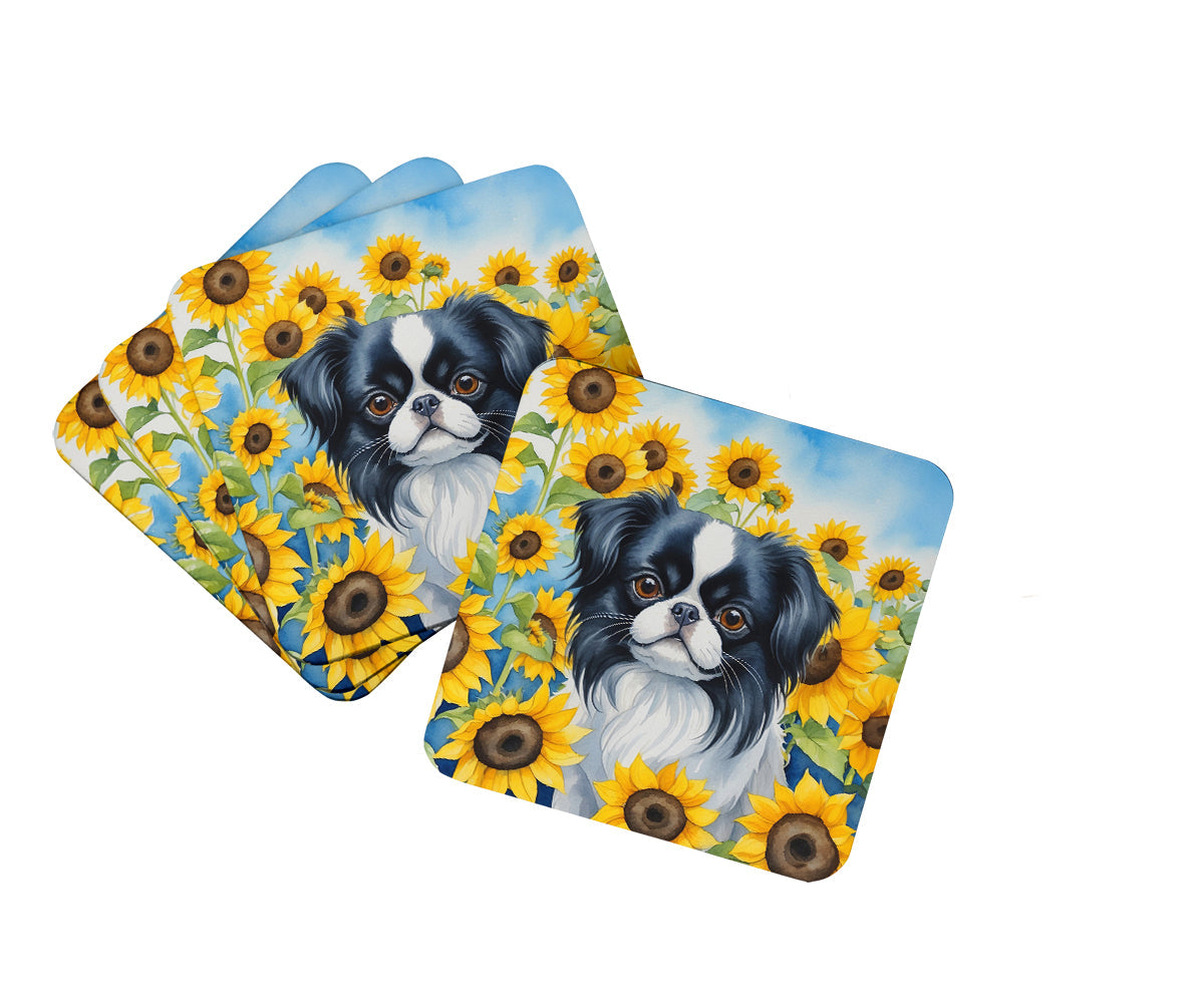 Japanese Chin in Sunflowers Foam Coasters Set of 4 Cup Coasters for Indoor Outdoor, Tabletop Protection, Anti Slip, Mouse pad Material
