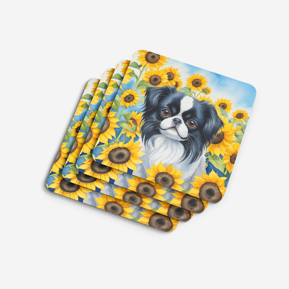 Japanese Chin in Sunflowers Foam Coasters Set of 4 Cup Coasters for Indoor Outdoor, Tabletop Protection, Anti Slip, Mouse pad Material