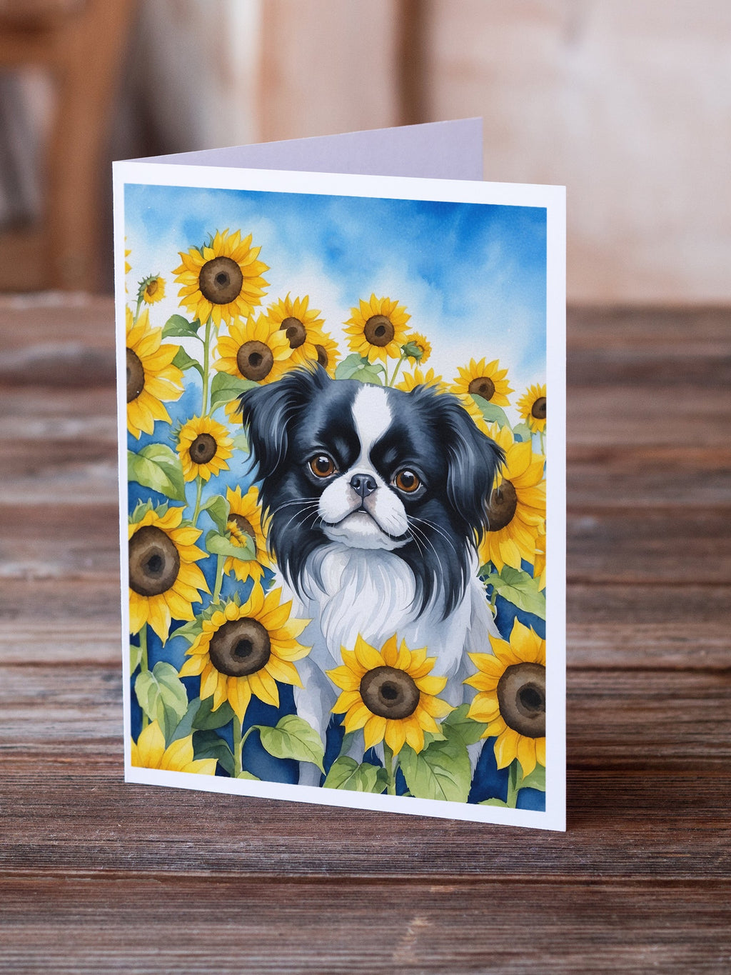 Japanese Chin in Sunflowers Greeting Cards Pack of 8 Blank Cards with Envelopes Whimsical A7 Size 5x7