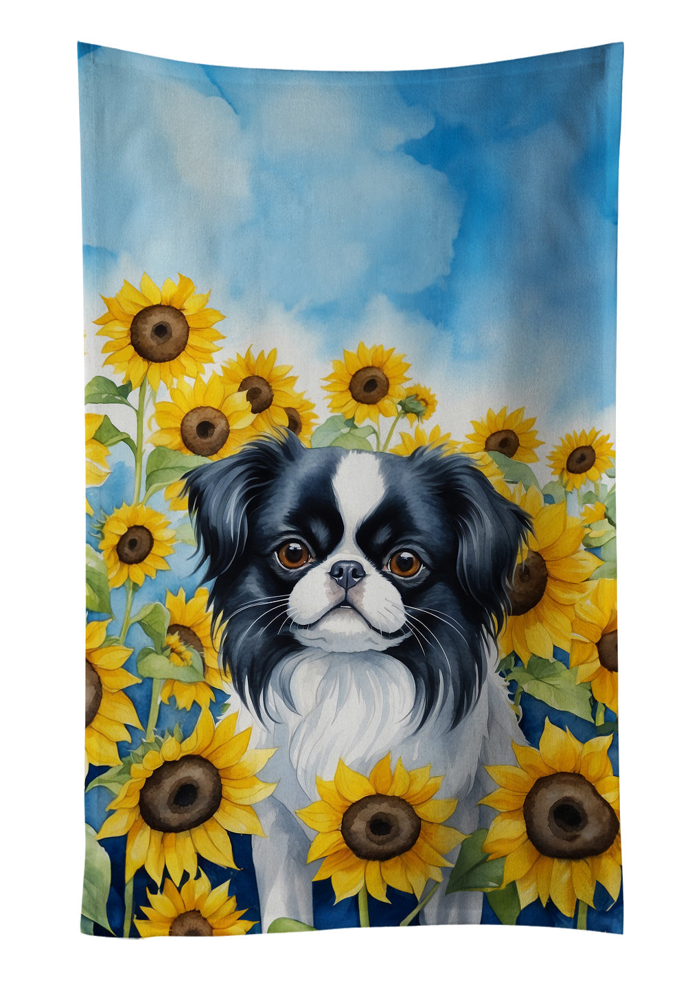 Japanese Chin in Sunflowers Kitchen Towel Velour Plush Front and Cotton Loop Back Machine Washable