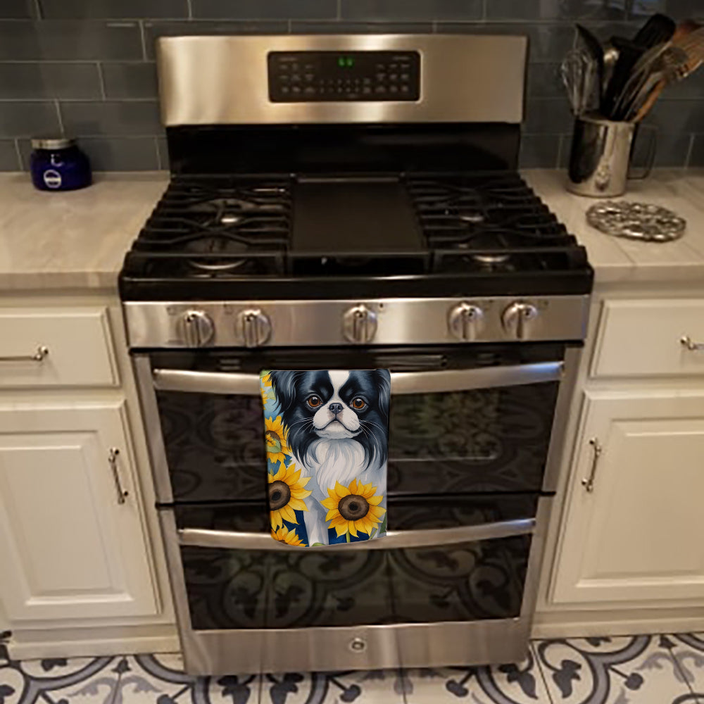 Japanese Chin in Sunflowers Kitchen Towel Velour Plush Front and Cotton Loop Back Machine Washable