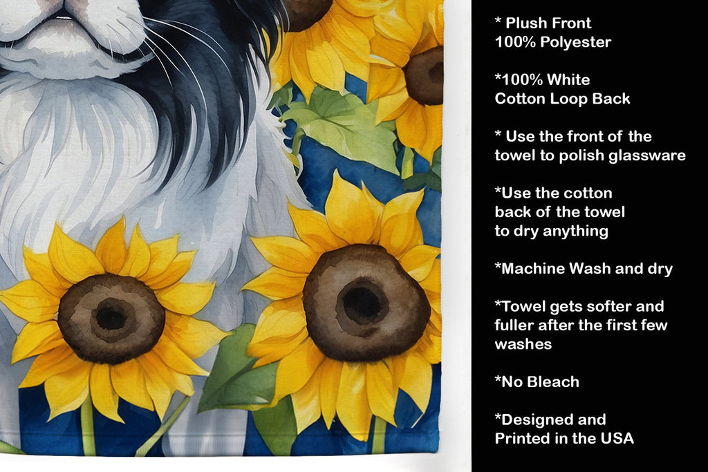 Japanese Chin in Sunflowers Kitchen Towel Velour Plush Front and Cotton Loop Back Machine Washable