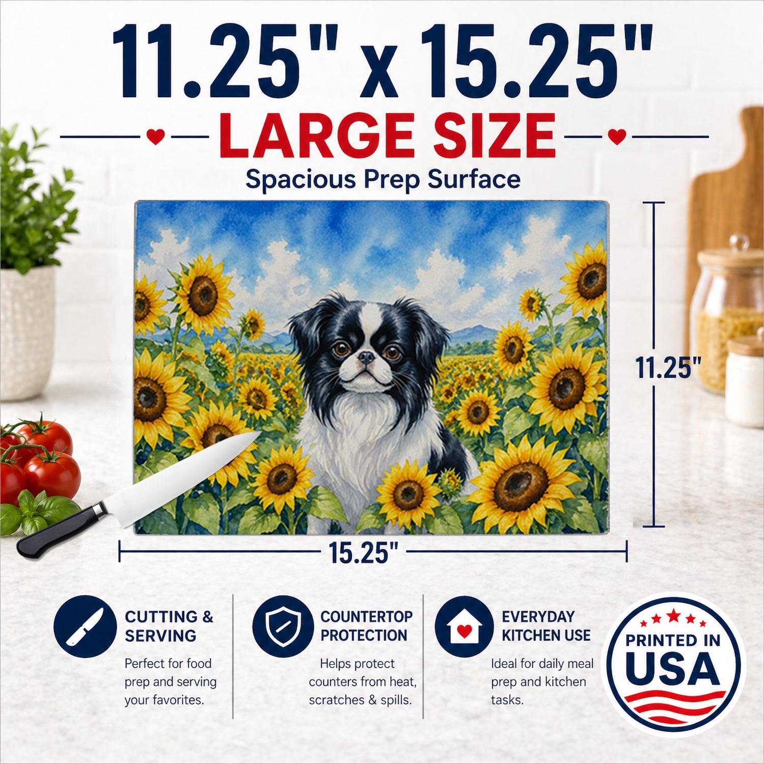 Japanese Chin in Sunflowers Cutting Board Tempered Glass Kitchen Cutting Surface, Heat Resistant Chopping Board with Non-Slip Feet, Decorative Food Prep & Serving