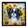Japanese Chin in Sunflowers Framed Metal Print Bathroom, Kitchen, Office, Home Decor Wall Art Ready to Hang, Square, 8X8