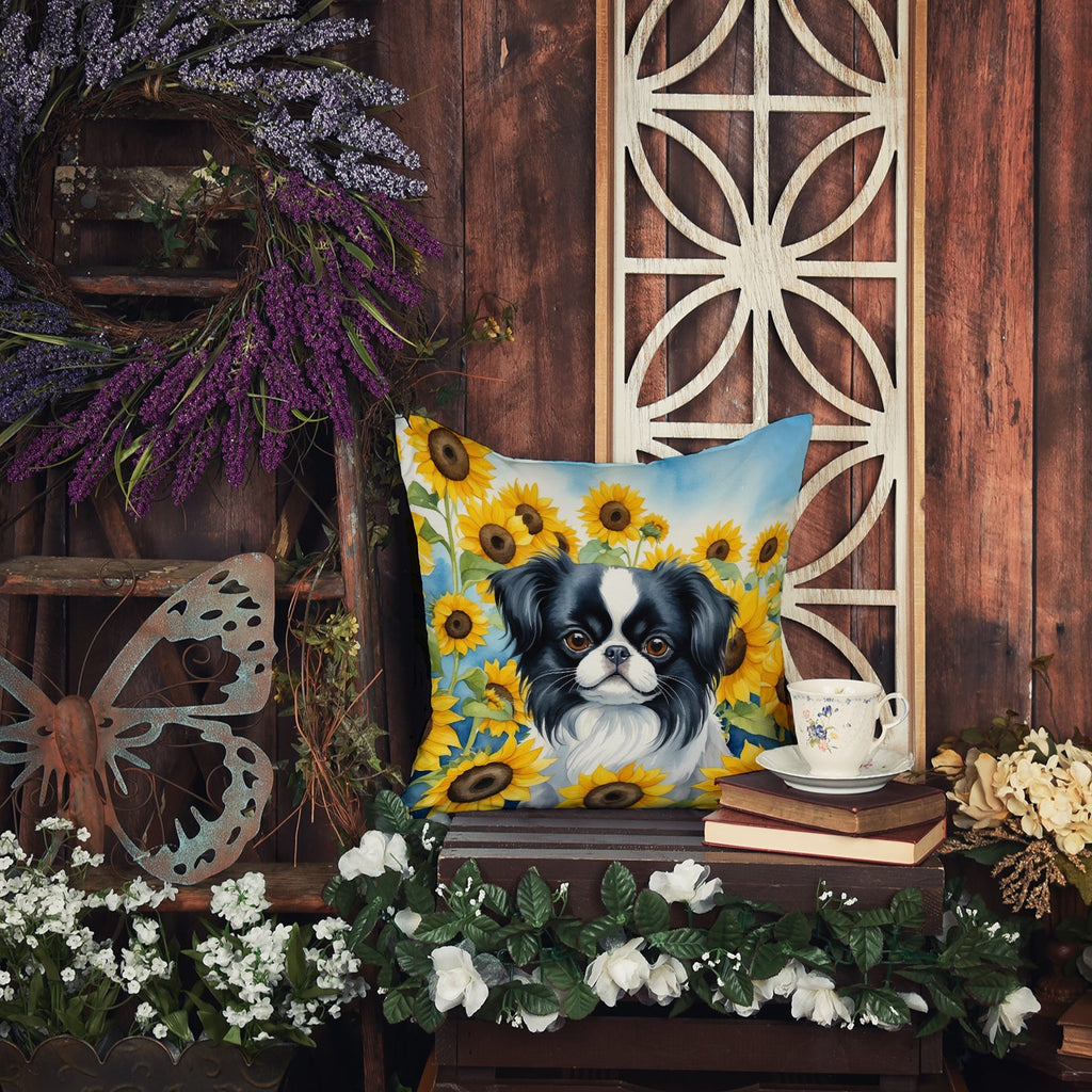 Japanese Chin in Sunflowers Decorative Throw Pillow 14x14 Indoor Outdoor Accent Cushion, Fabric Cover with Insert for Sofa, Bed, Porch & Living Room