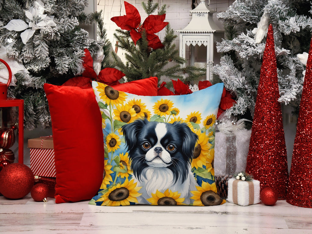Japanese Chin in Sunflowers Decorative Throw Pillow 14x14 Indoor Outdoor Accent Cushion, Fabric Cover with Insert for Sofa, Bed, Porch & Living Room