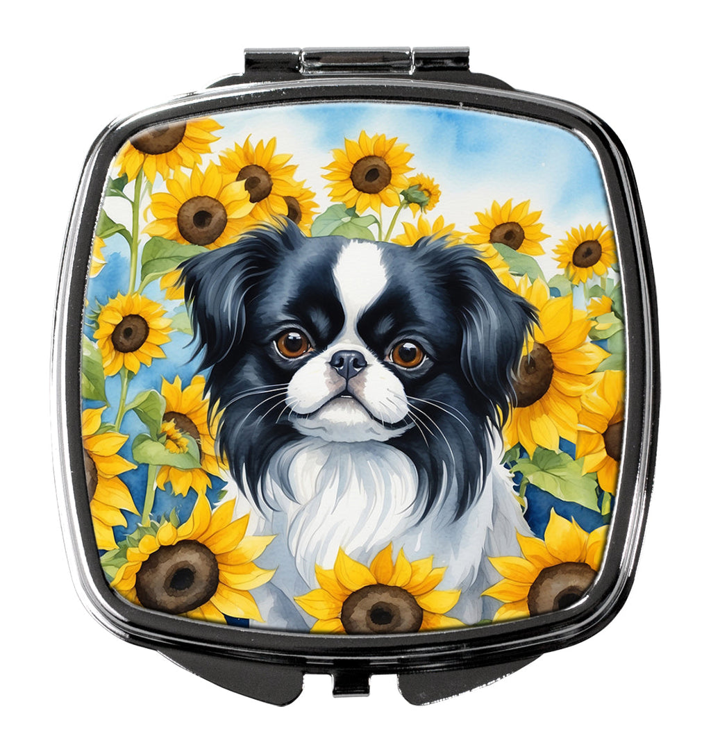 Japanese Chin in Sunflowers Compact Mirror Decorative Travel Makeup Mirror for Women Girls Gifts Pocket Makeup Mirror Folding Handheld