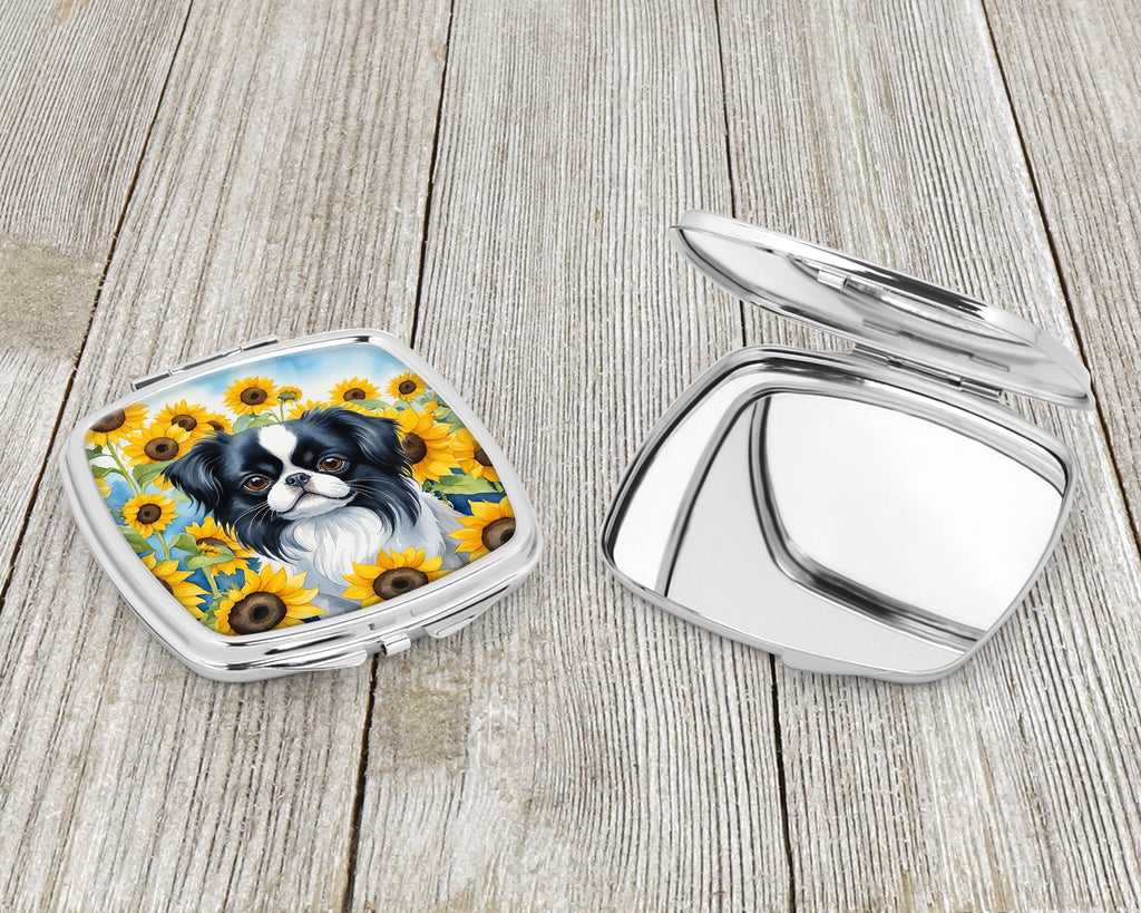 Japanese Chin in Sunflowers Compact Mirror Decorative Travel Makeup Mirror for Women Girls Gifts Pocket Makeup Mirror Folding Handheld