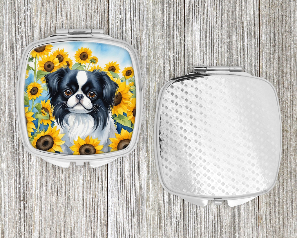 Japanese Chin in Sunflowers Compact Mirror Decorative Travel Makeup Mirror for Women Girls Gifts Pocket Makeup Mirror Folding Handheld