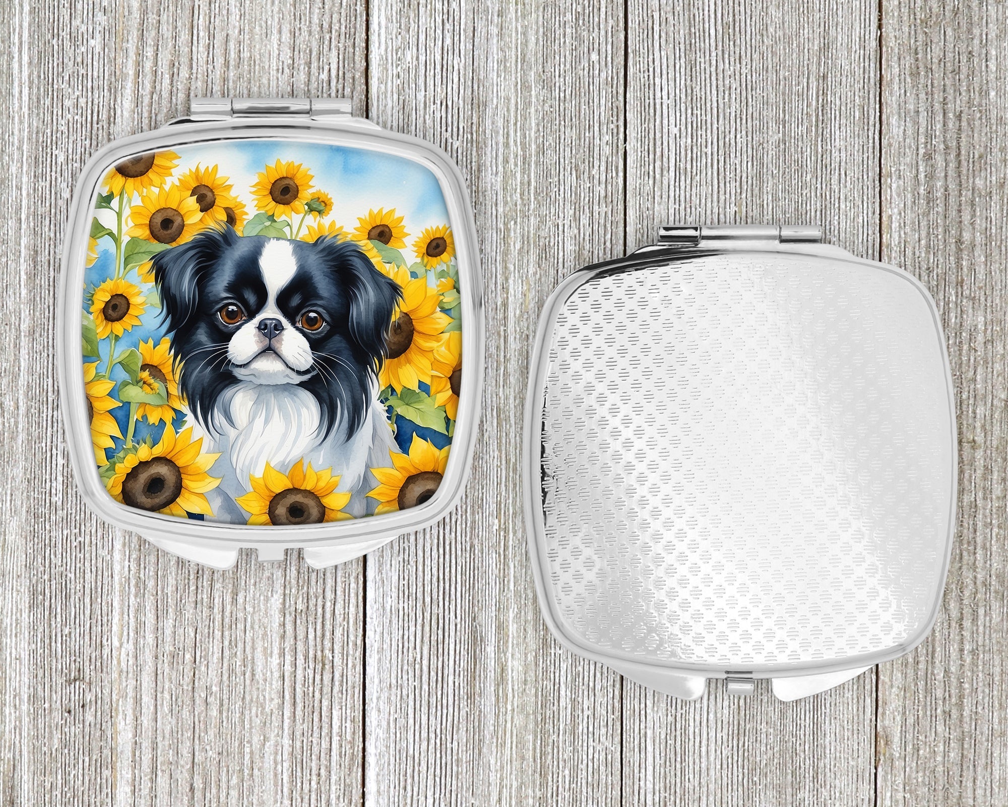 Japanese Chin in Sunflowers Compact Mirror Decorative Travel Makeup Mirror for Women Girls Gifts Pocket Makeup Mirror Folding Handheld