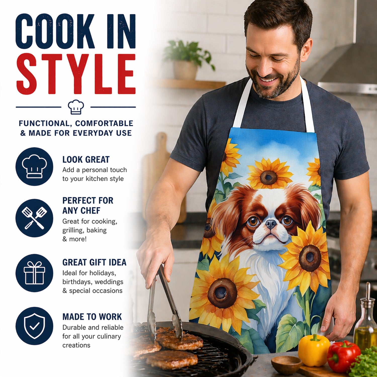 Japanese Chin in Sunflowers Apron Cooking Kitchen Server Baking Crafts Gardening for Adult Women Men, Unisex, Large, Multicolor