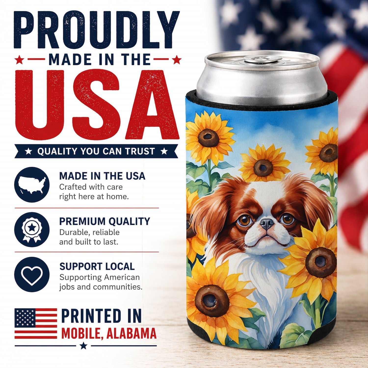 Japanese Chin in Sunflowers Can or Bottle Hugger Cooler Sleeve for Standard 12 oz Cans, Insulated Foam Beer & Soda Can Hugger Reusable