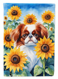Japanese Chin in Sunflowers House Flag 28x40 Porch Sleeve Pole Decorative Outside Yard Banner Artwork Wall Hanging, Polyester