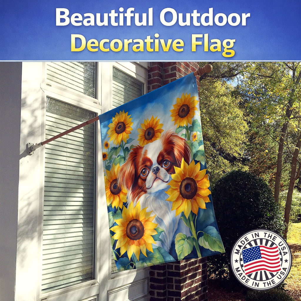 Japanese Chin in Sunflowers House Flag 28x40 Porch Sleeve Pole Decorative Outside Yard Banner Artwork Wall Hanging, Polyester