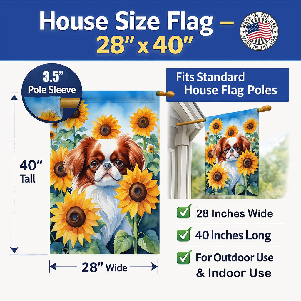 Japanese Chin in Sunflowers House Flag 28x40 Porch Sleeve Pole Decorative Outside Yard Banner Artwork Wall Hanging, Polyester