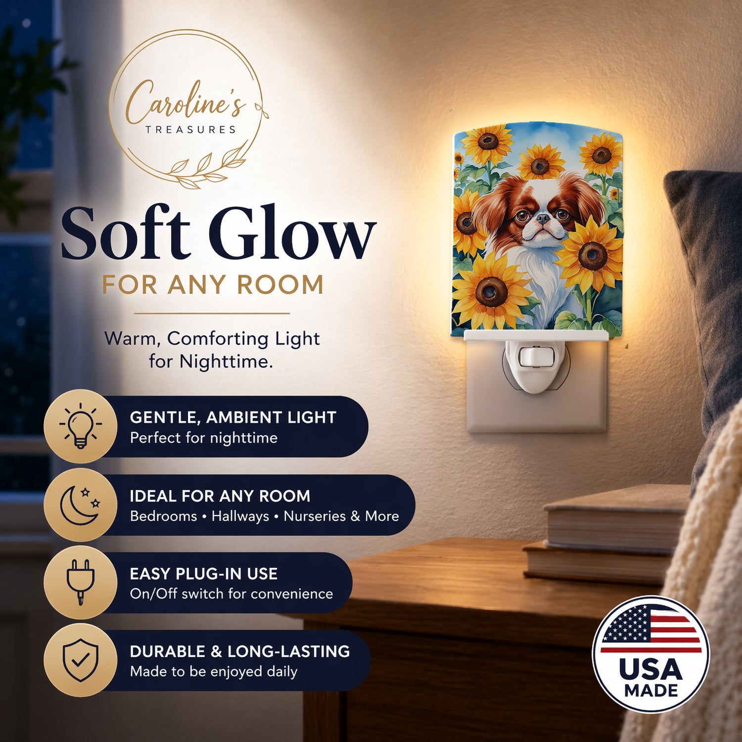 Japanese Chin in Sunflowers Ceramic Night Light Compact, UL-Certified, Ideal for Bedroom, Bathroom, Nursery, Hallway, Kitchen, 6x4x3, Multicolor