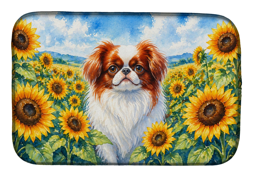 Japanese Chin in Sunflowers Dish Drying Mat Absorbent Dish Drying Mat Pad for Kitchen Counter Dish Drainer Mat for Countertop, 14 x 21", Multicolor