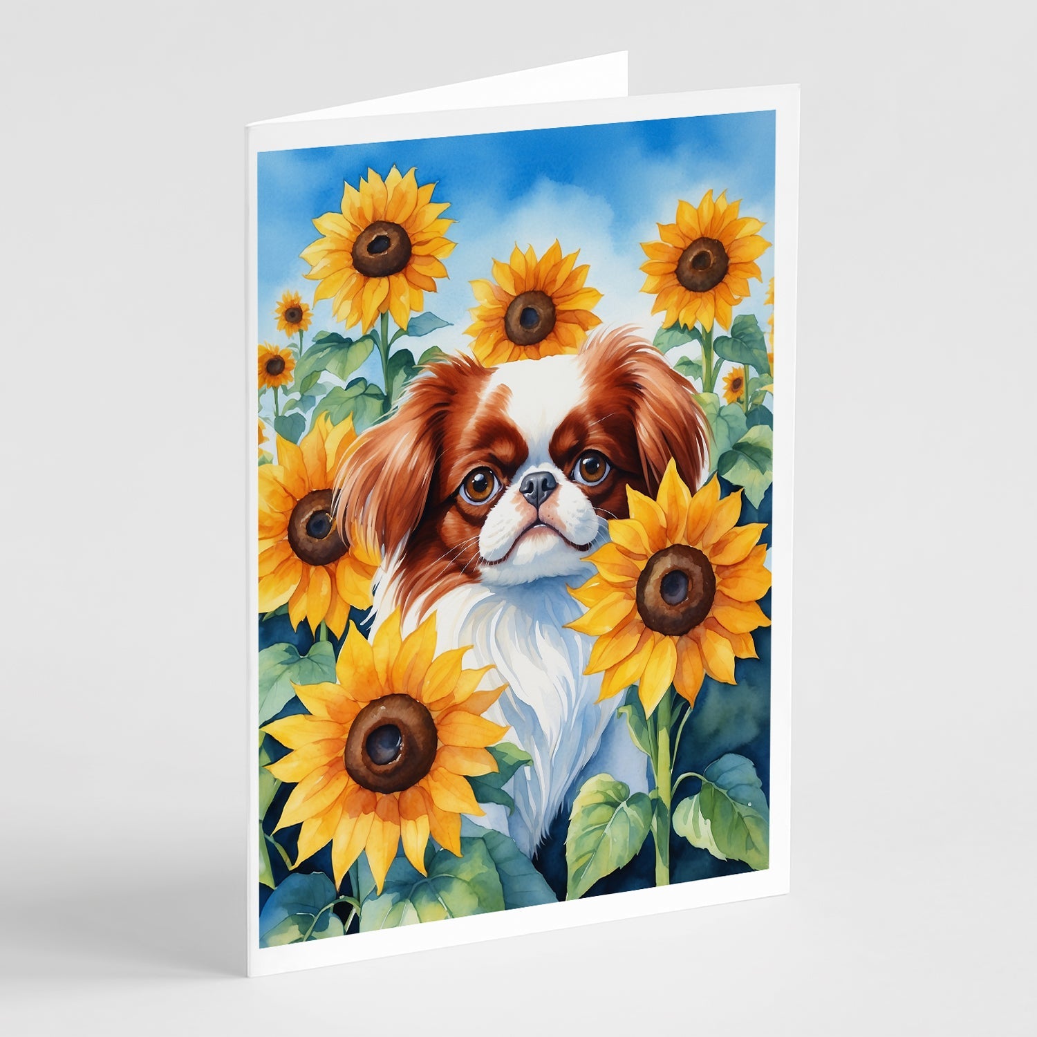 Japanese Chin in Sunflowers Greeting Cards Pack of 8 Blank Cards with Envelopes Whimsical A7 Size 5x7