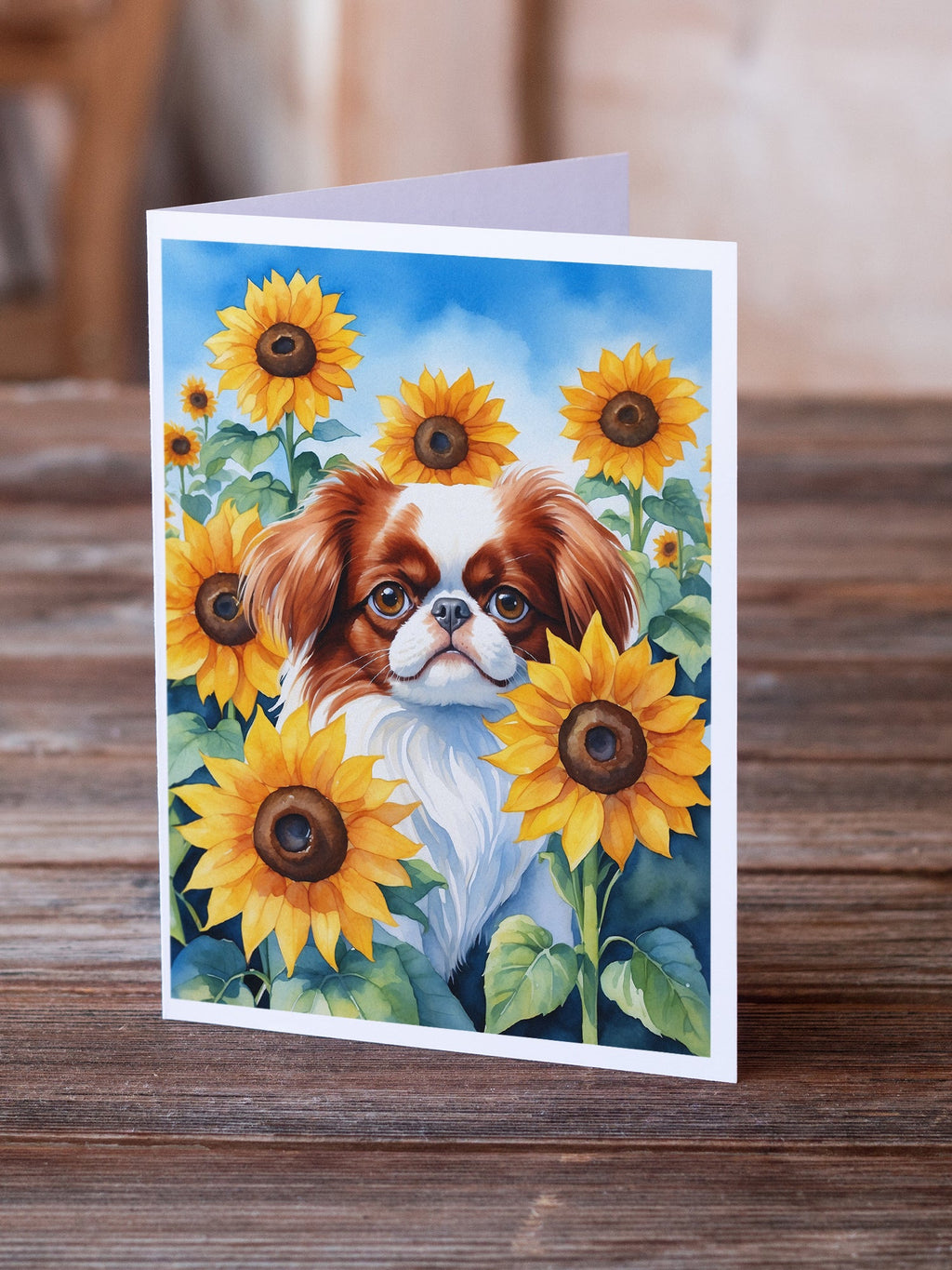 Japanese Chin in Sunflowers Greeting Cards Pack of 8 Blank Cards with Envelopes Whimsical A7 Size 5x7