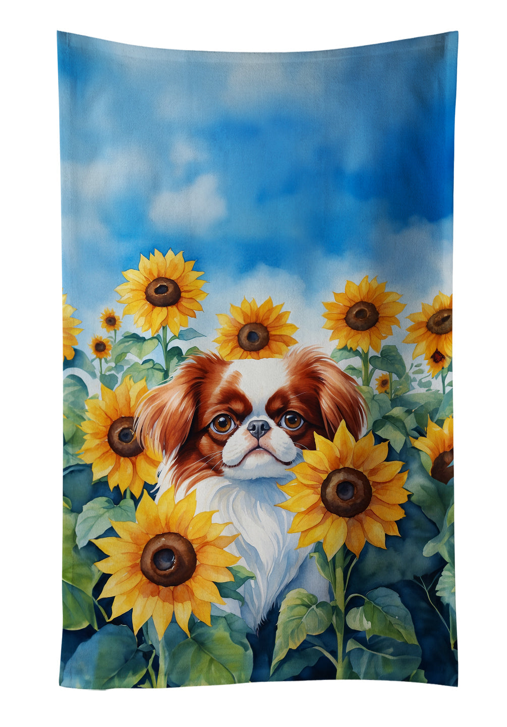 Japanese Chin in Sunflowers Kitchen Towel Velour Plush Front and Cotton Loop Back Machine Washable