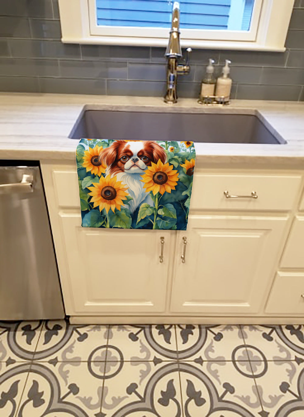 Japanese Chin in Sunflowers Kitchen Towel Velour Plush Front and Cotton Loop Back Machine Washable