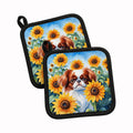 Japanese Chin in Sunflowers Pot Holder Set of 2 Heat Resistant Quilted Hot Pads 7.5 x 7.5 Inch, Insulated Kitchen Trivets for Cooking & Baking