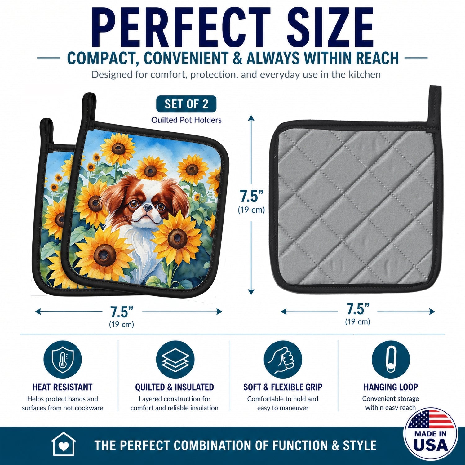Japanese Chin in Sunflowers Pot Holder Set of 2 Heat Resistant Quilted Hot Pads 7.5 x 7.5 Inch, Insulated Kitchen Trivets for Cooking & Baking