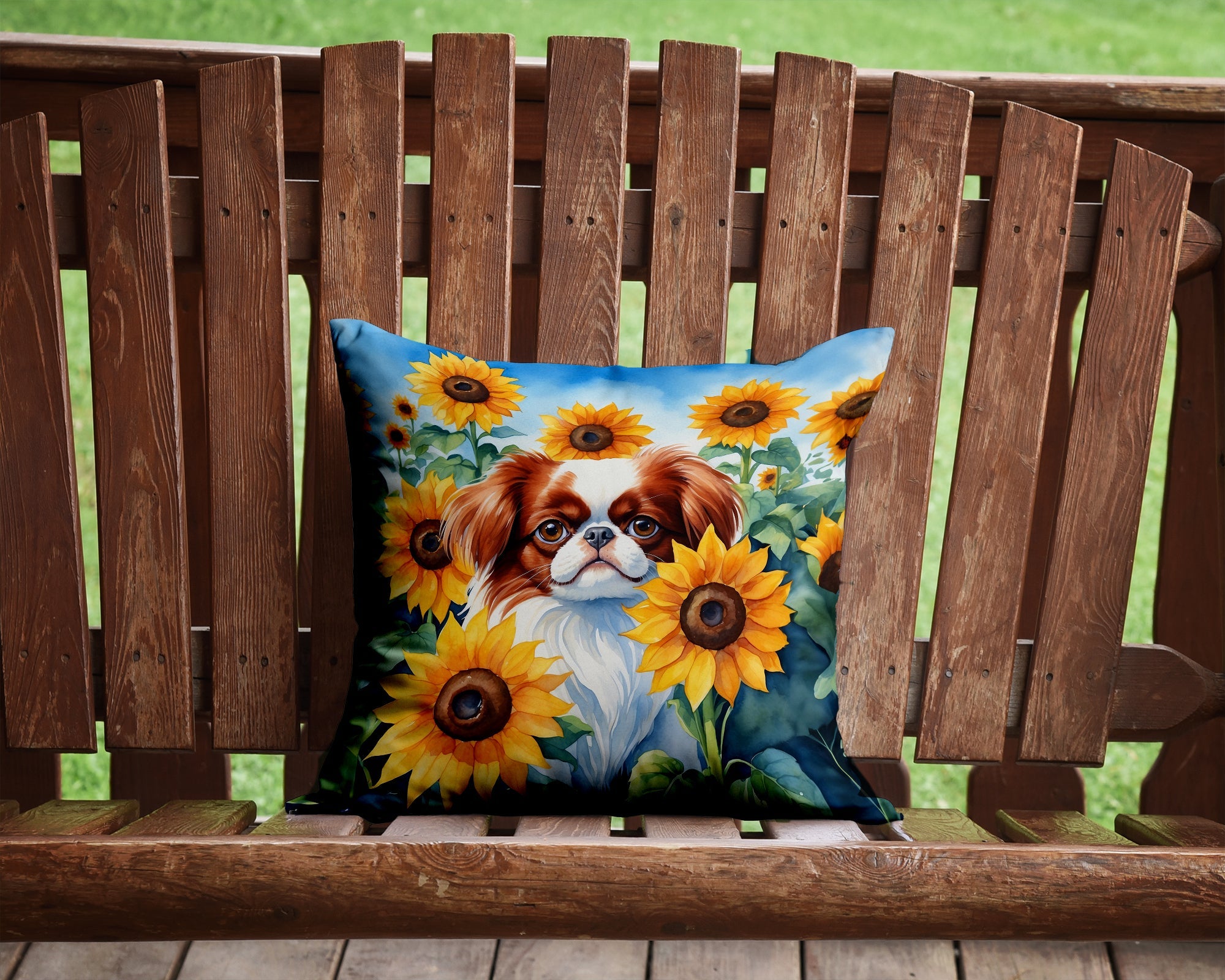 Japanese Chin in Sunflowers Decorative Throw Pillow 14x14 Indoor Outdoor Accent Cushion, Fabric Cover with Insert for Sofa, Bed, Porch & Living Room
