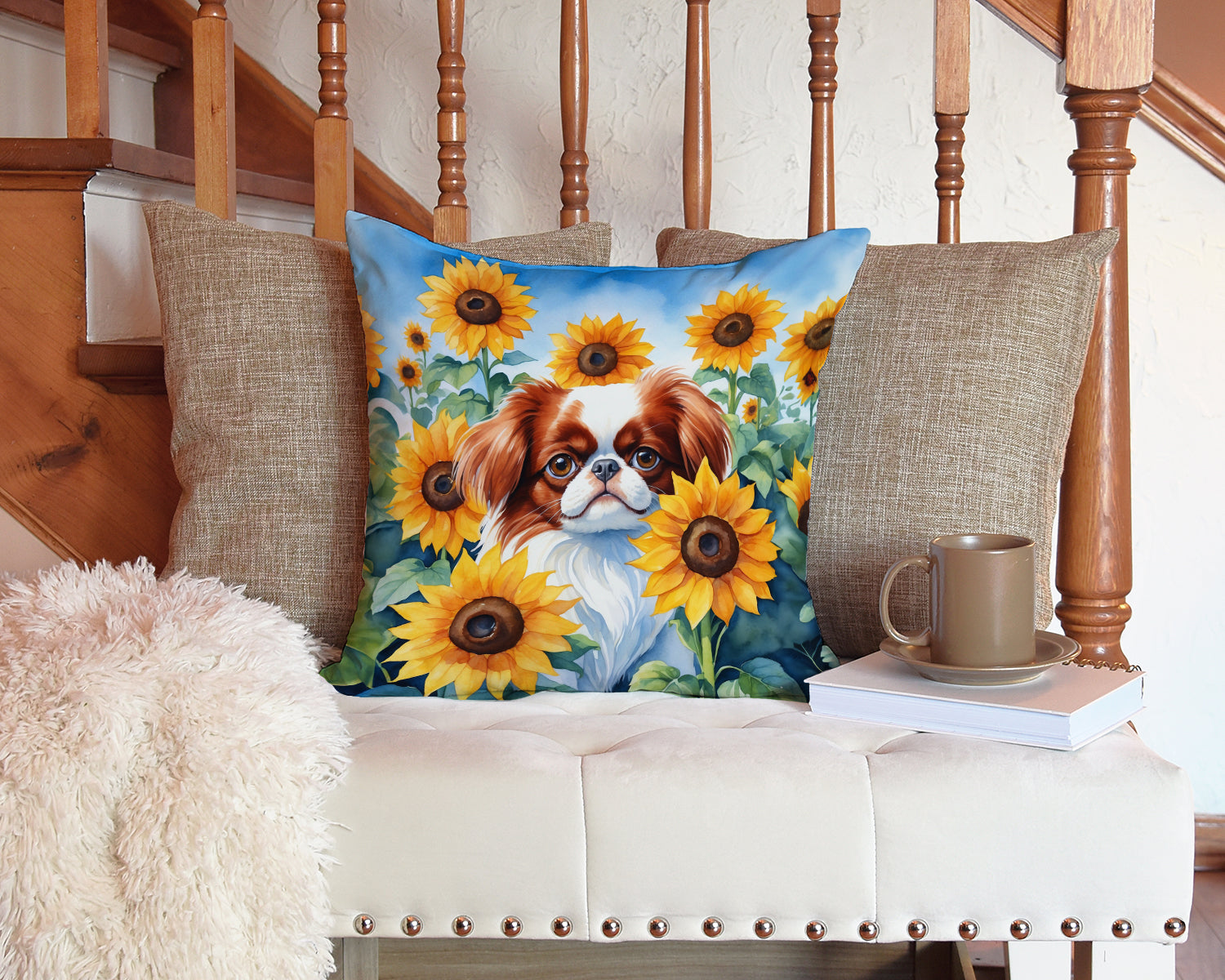 Japanese Chin in Sunflowers Decorative Throw Pillow 14x14 Indoor Outdoor Accent Cushion, Fabric Cover with Insert for Sofa, Bed, Porch & Living Room