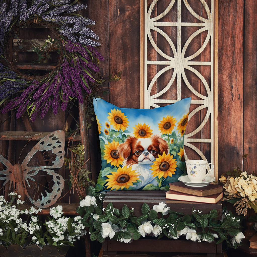 Japanese Chin in Sunflowers Decorative Throw Pillow 14x14 Indoor Outdoor Accent Cushion, Fabric Cover with Insert for Sofa, Bed, Porch & Living Room