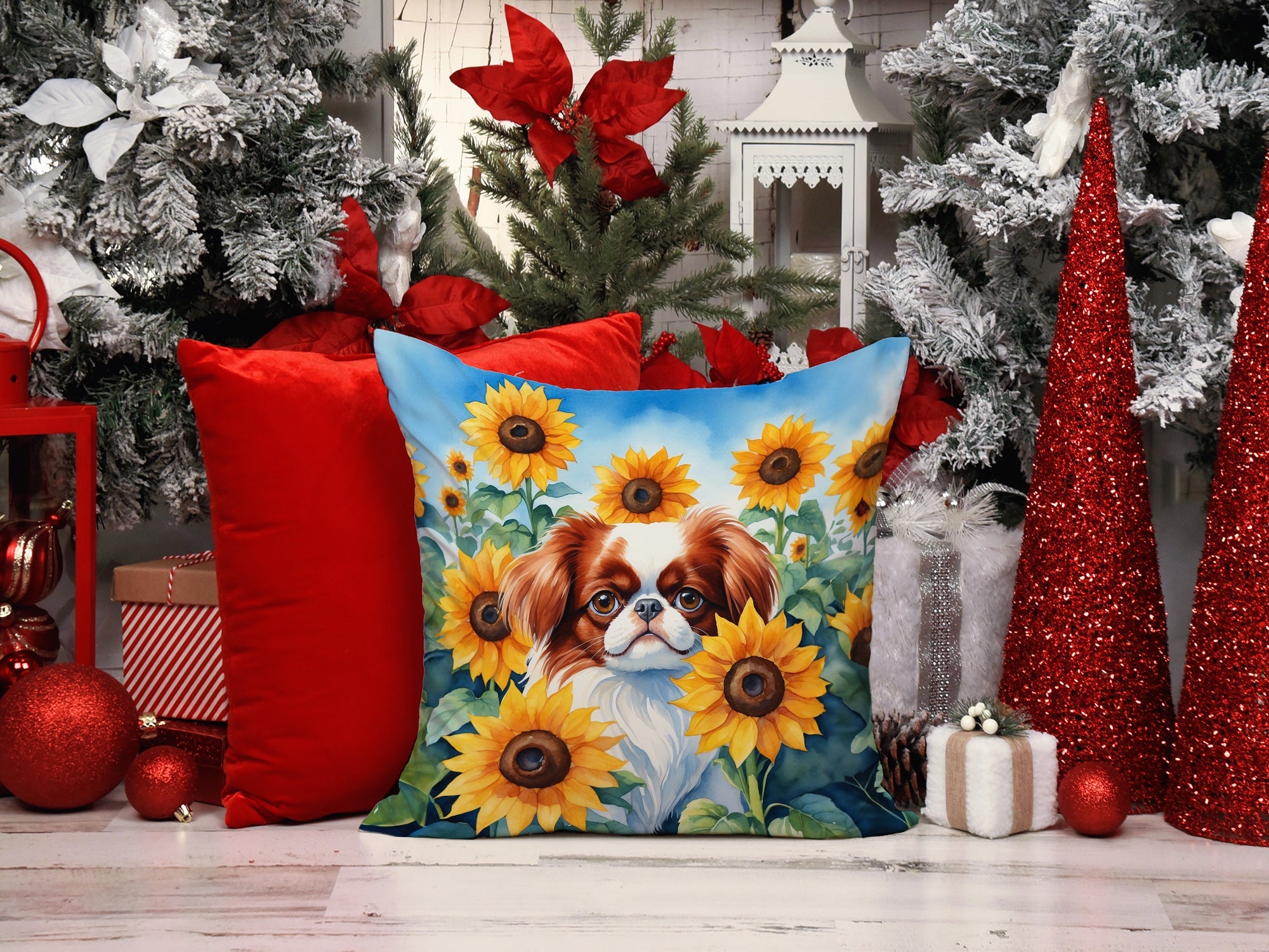 Japanese Chin in Sunflowers Decorative Throw Pillow 14x14 Indoor Outdoor Accent Cushion, Fabric Cover with Insert for Sofa, Bed, Porch & Living Room
