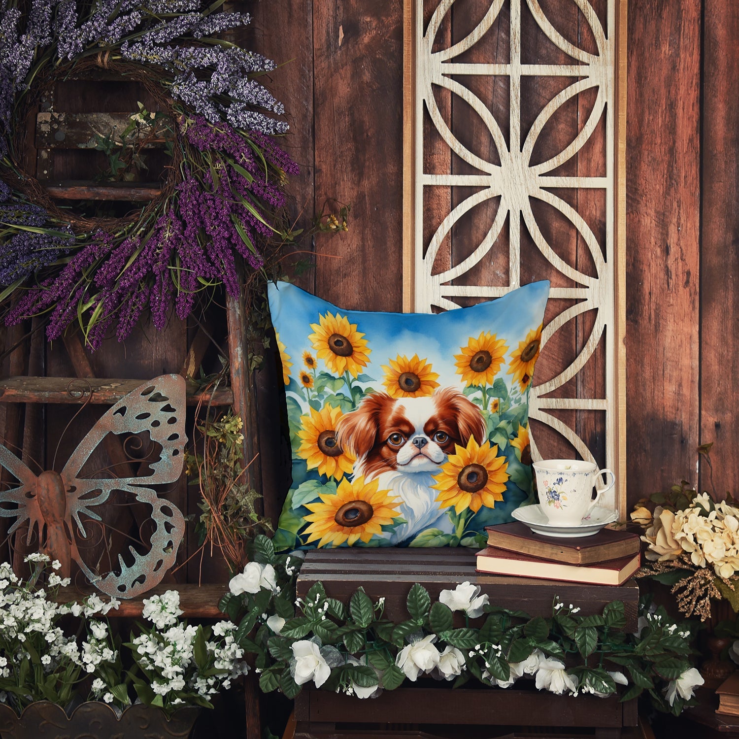 Japanese Chin in Sunflowers Decorative Throw Pillow 18x18 Indoor Outdoor Accent Cushion, Fabric Cover with Insert for Sofa, Bed, Porch & Living Room