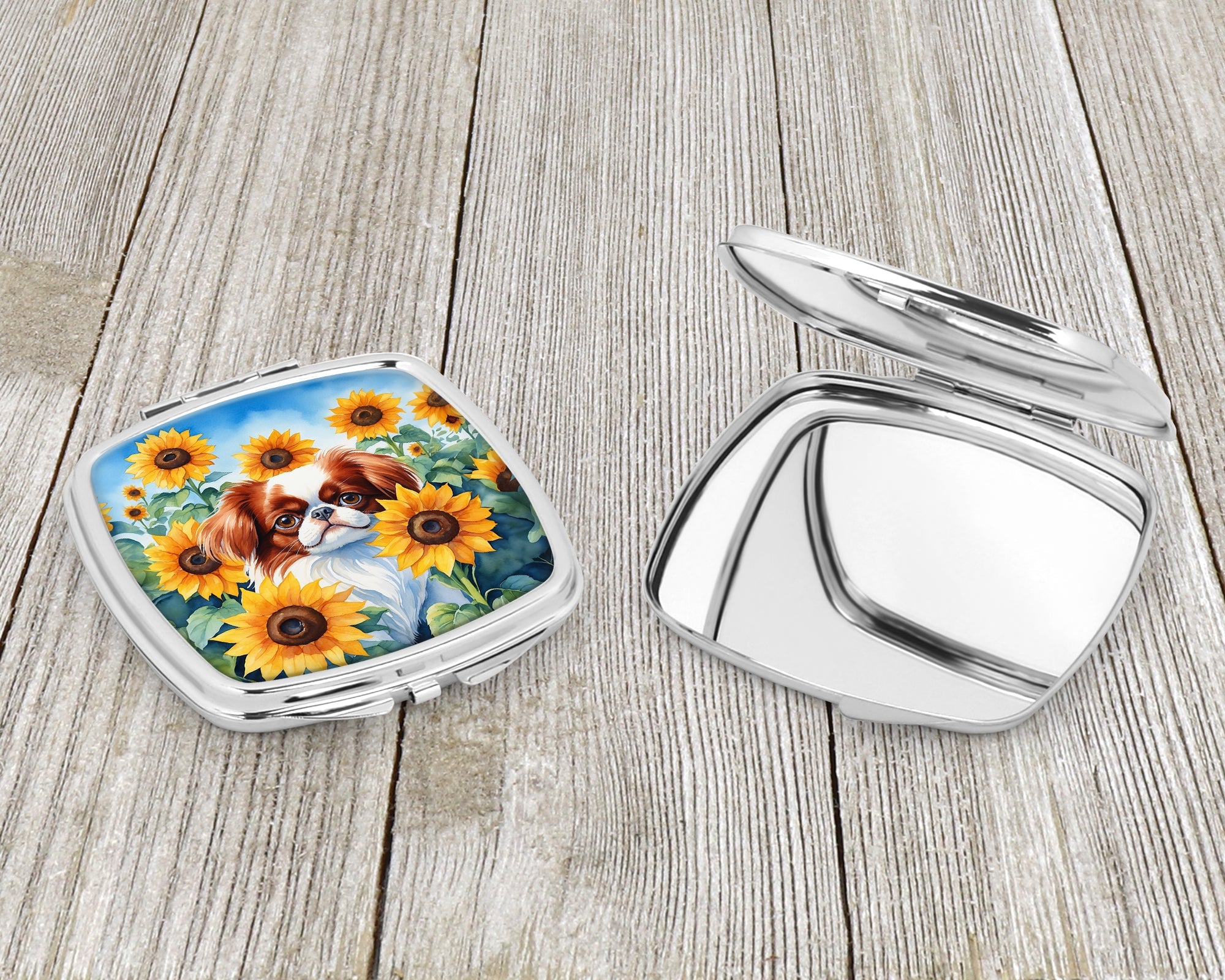 Japanese Chin in Sunflowers Compact Mirror Decorative Travel Makeup Mirror for Women Girls Gifts Pocket Makeup Mirror Folding Handheld
