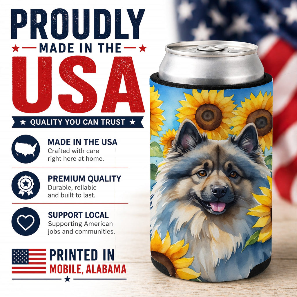 Keeshond in Sunflowers Can or Bottle Hugger Cooler Sleeve for Standard 12 oz Cans, Insulated Foam Beer & Soda Can Hugger Reusable