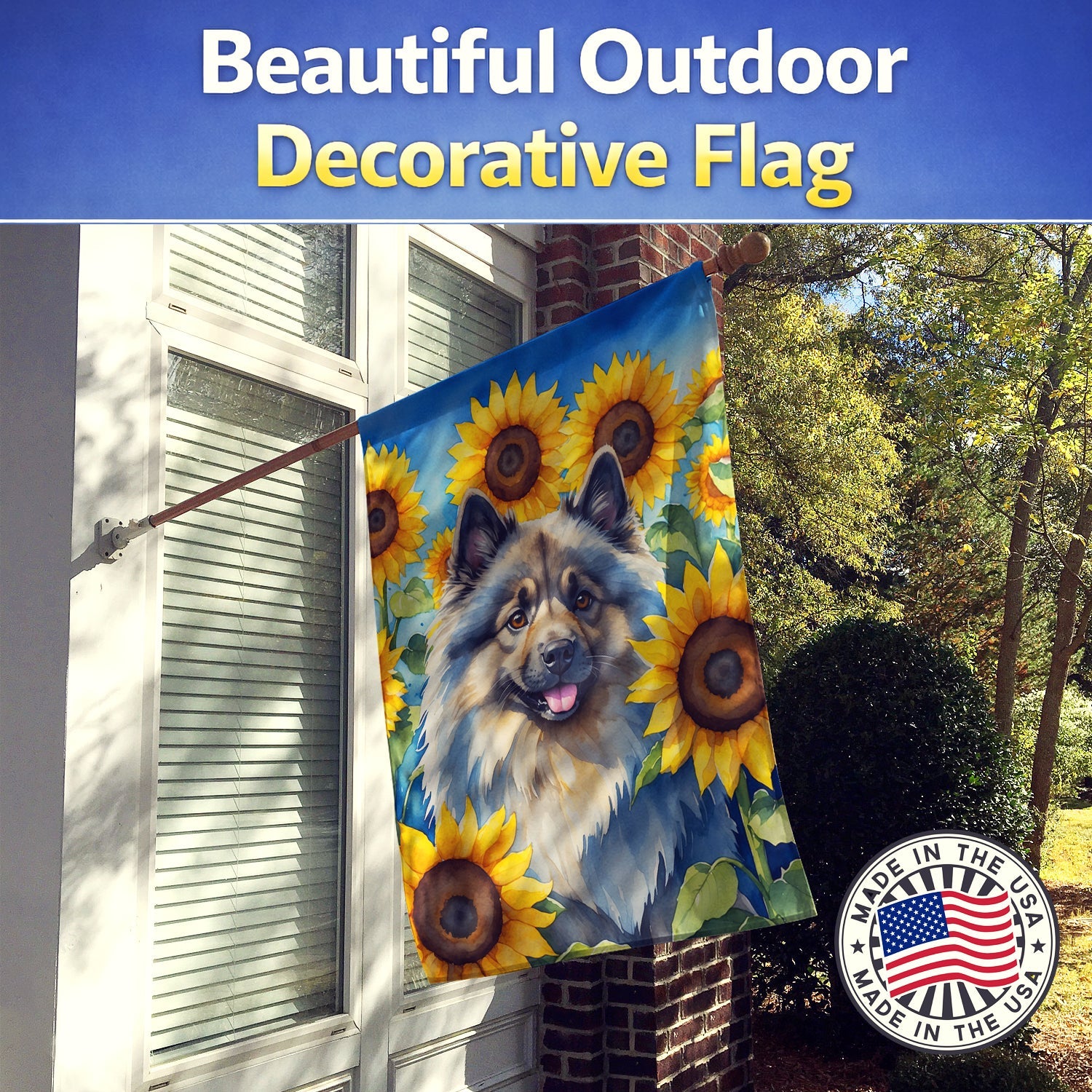 Keeshond in Sunflowers House Flag 28x40 Porch Sleeve Pole Decorative Outside Yard Banner Artwork Wall Hanging, Polyester