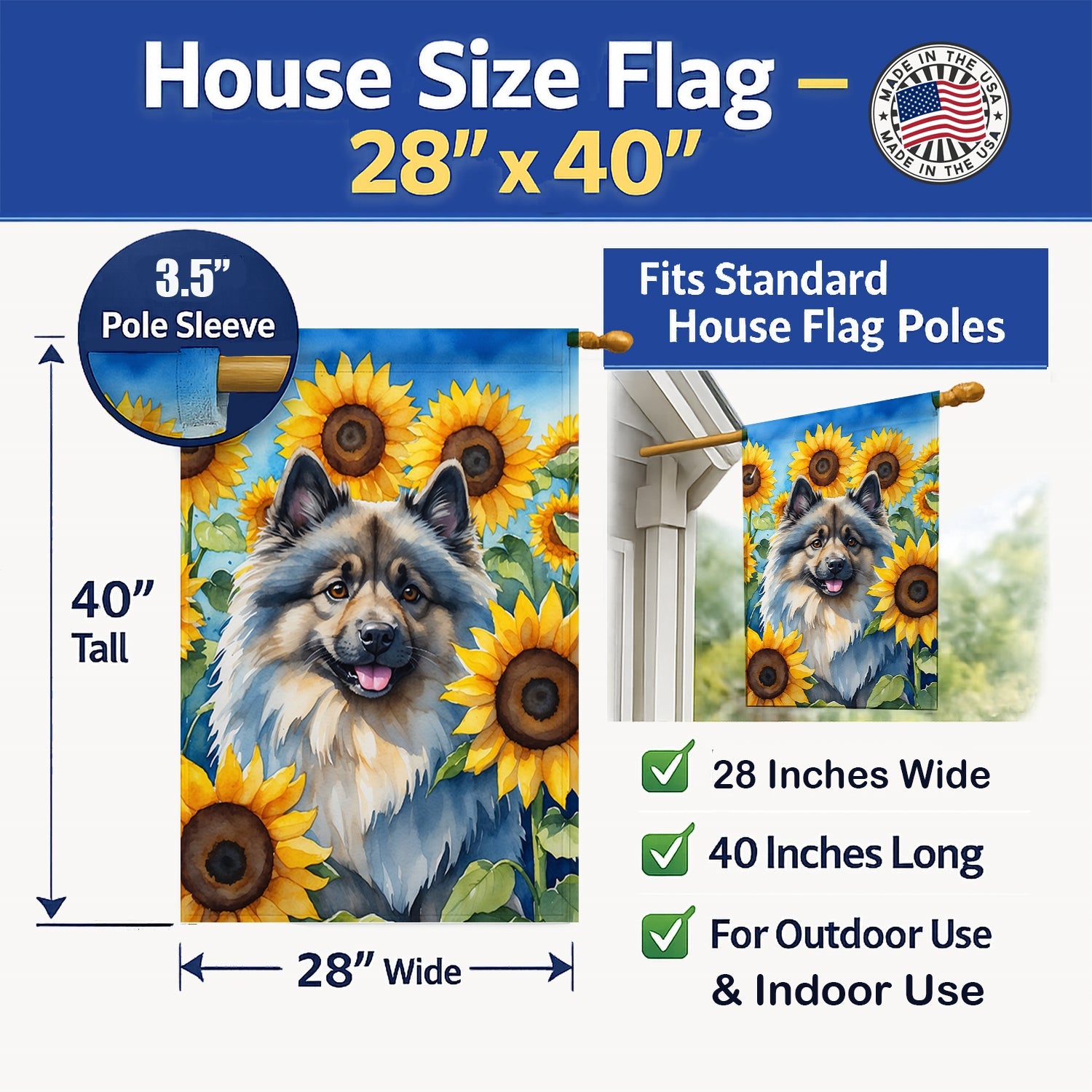 Keeshond in Sunflowers House Flag 28x40 Porch Sleeve Pole Decorative Outside Yard Banner Artwork Wall Hanging, Polyester