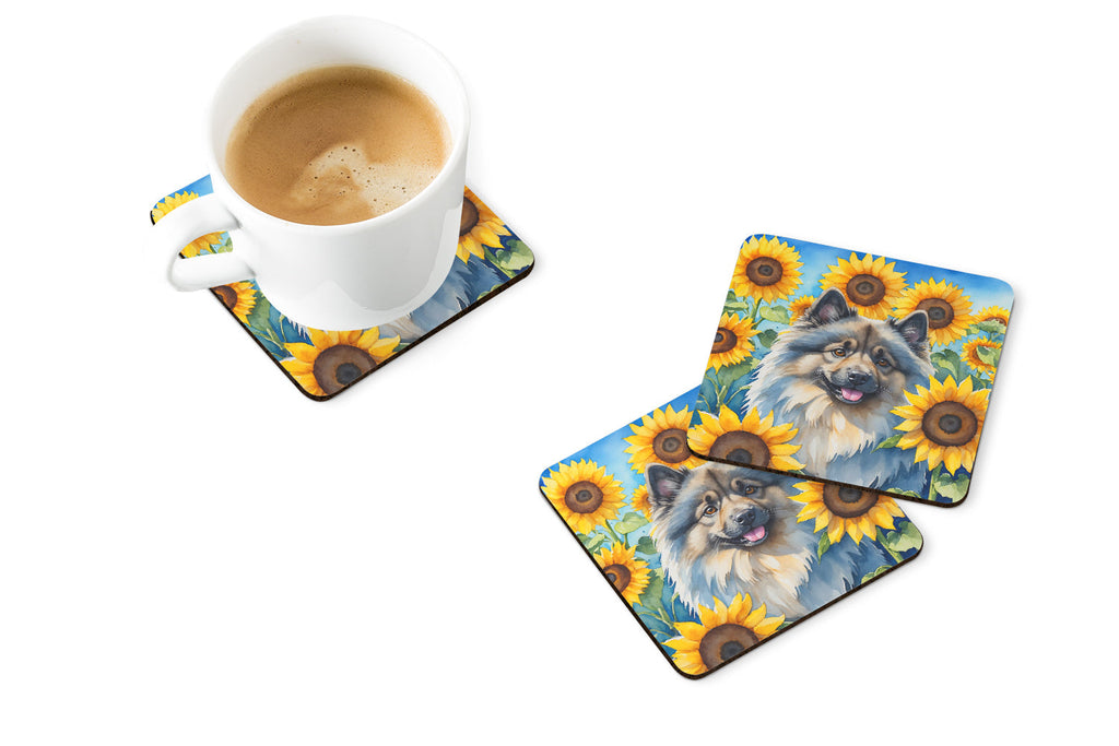 Keeshond in Sunflowers Foam Coasters Set of 4 Cup Coasters for Indoor Outdoor, Tabletop Protection, Anti Slip, Mouse pad Material