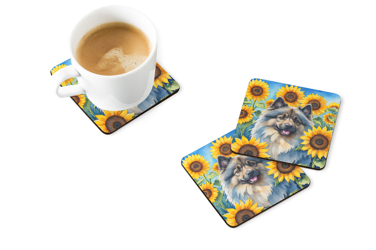 Keeshond in Sunflowers Foam Coasters Set of 4 Cup Coasters for Indoor Outdoor, Tabletop Protection, Anti Slip, Mouse pad Material