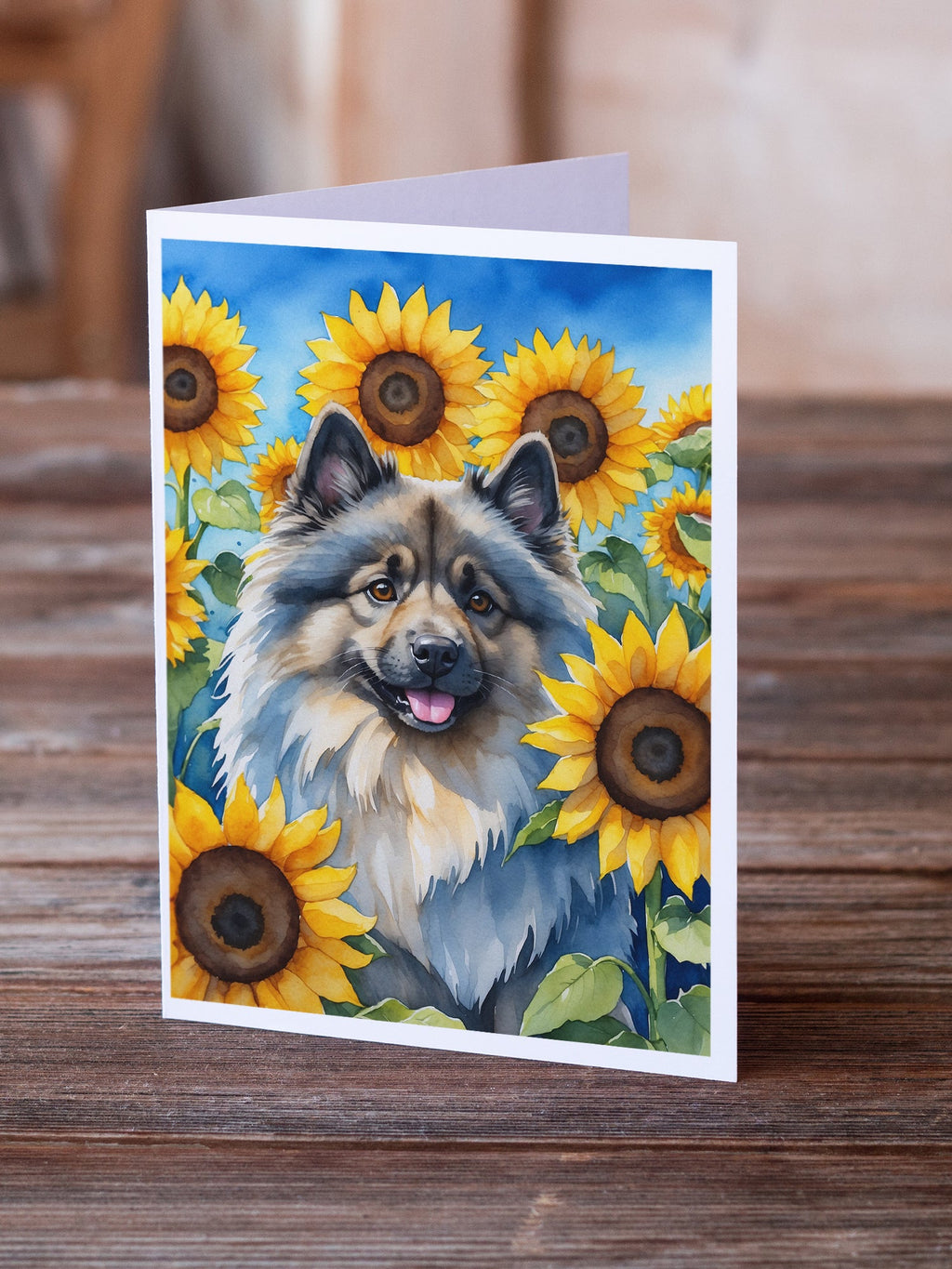 Keeshond in Sunflowers Greeting Cards Pack of 8 Blank Cards with Envelopes Whimsical A7 Size 5x7