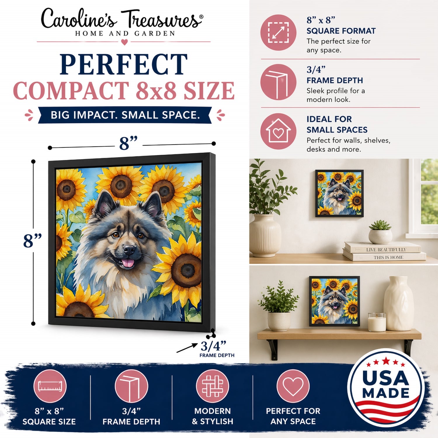 Keeshond in Sunflowers Framed Metal Print Bathroom, Kitchen, Office, Home Decor Wall Art Ready to Hang, Square, 8X8
