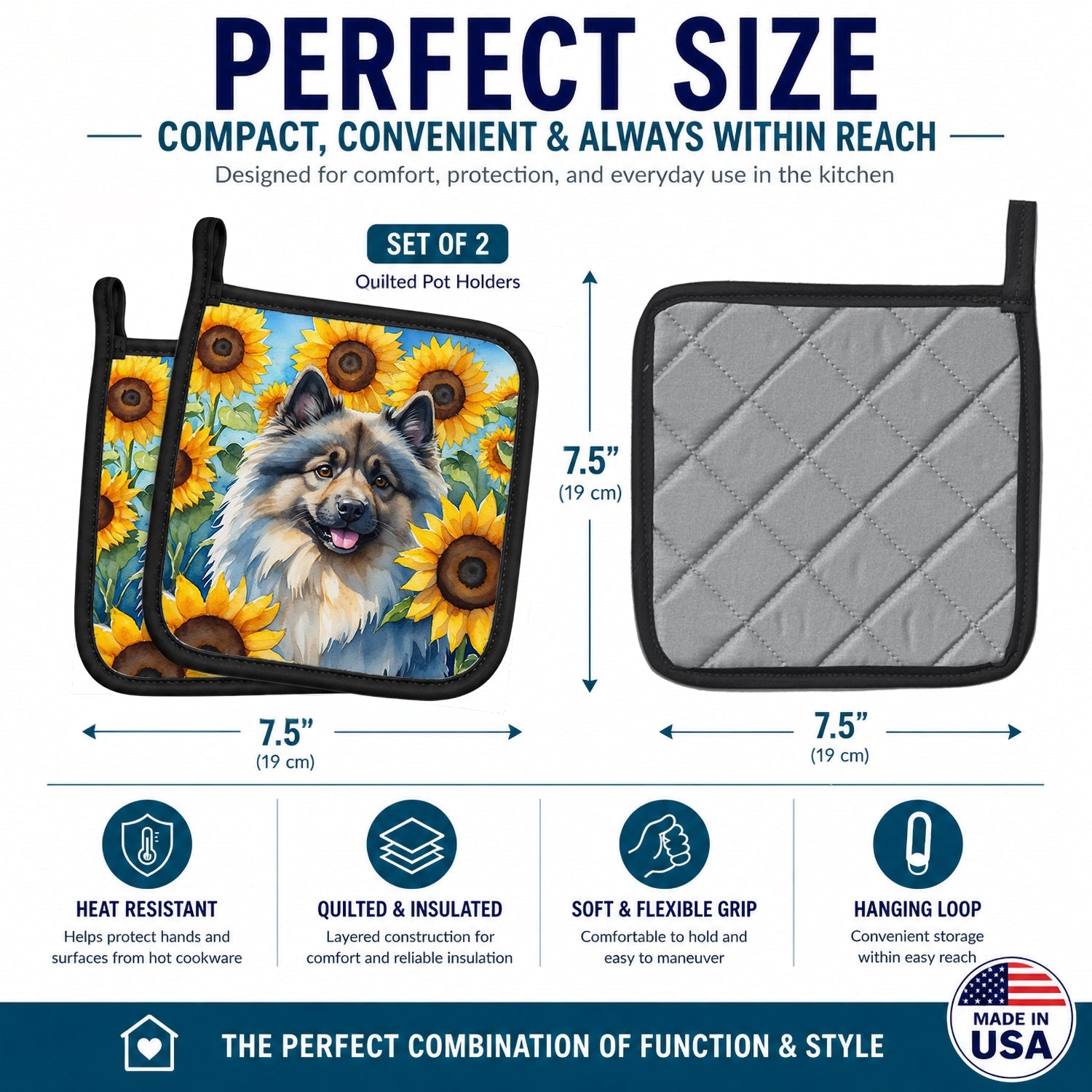 Keeshond in Sunflowers Pot Holder Set of 2 Heat Resistant Quilted Hot Pads 7.5 x 7.5 Inch, Insulated Kitchen Trivets for Cooking & Baking