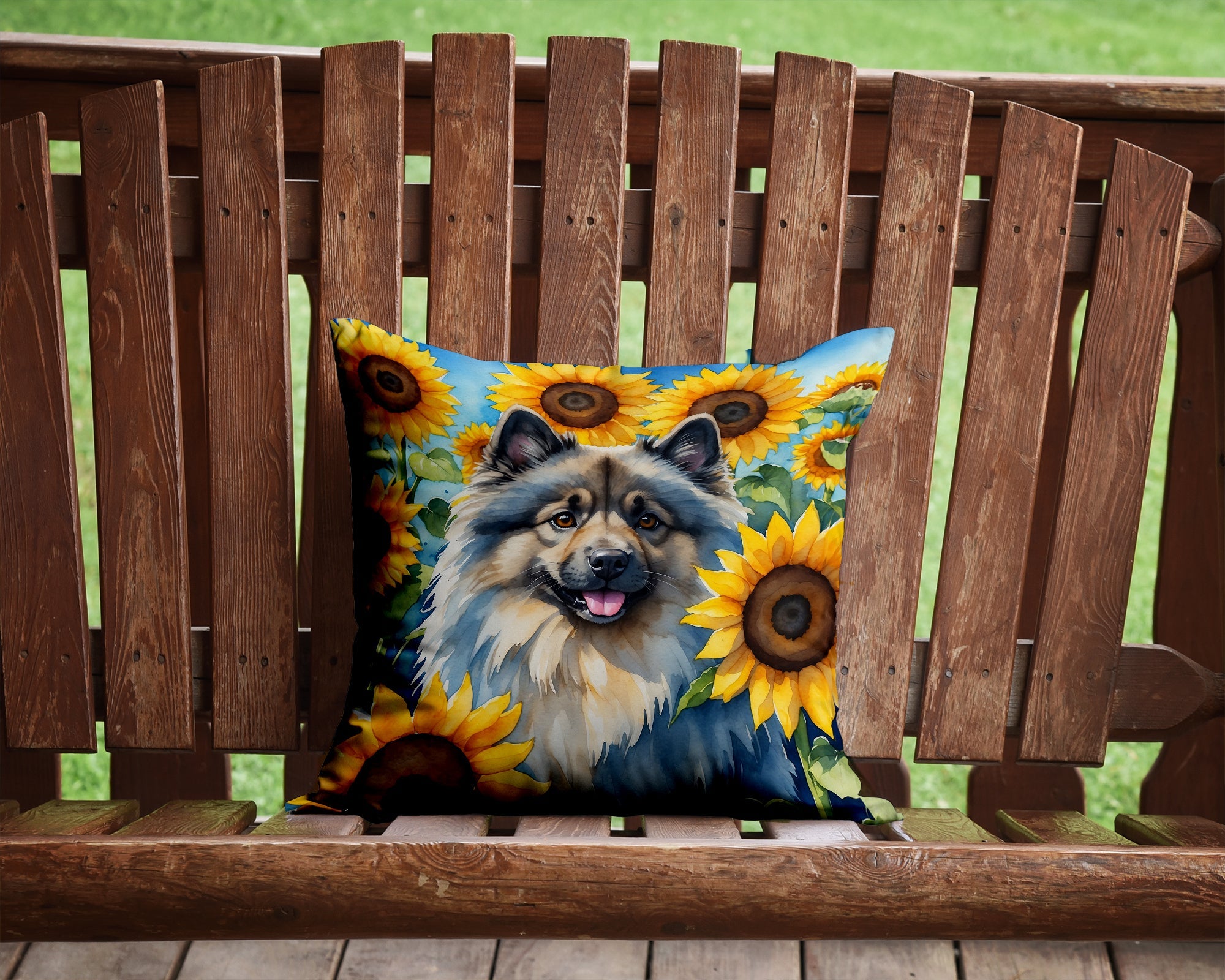 Keeshond in Sunflowers Decorative Throw Pillow 14x14 Indoor Outdoor Accent Cushion, Fabric Cover with Insert for Sofa, Bed, Porch & Living Room