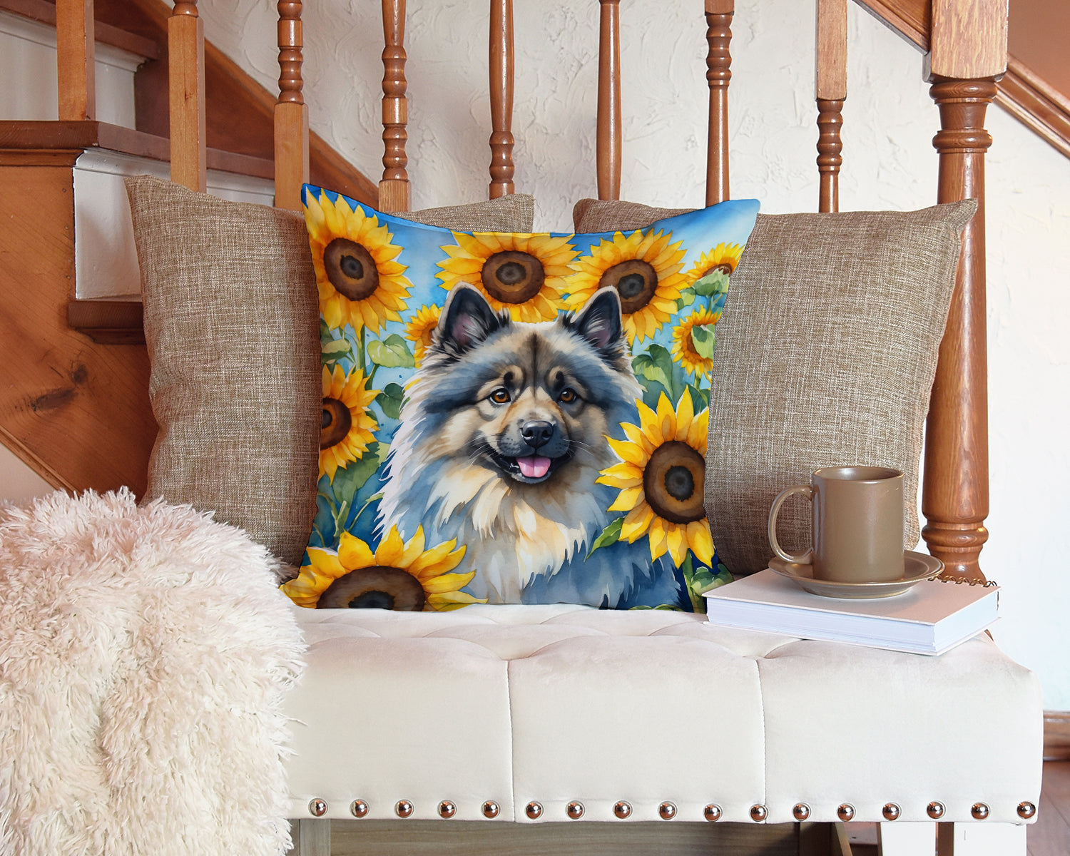 Keeshond in Sunflowers Decorative Throw Pillow 14x14 Indoor Outdoor Accent Cushion, Fabric Cover with Insert for Sofa, Bed, Porch & Living Room