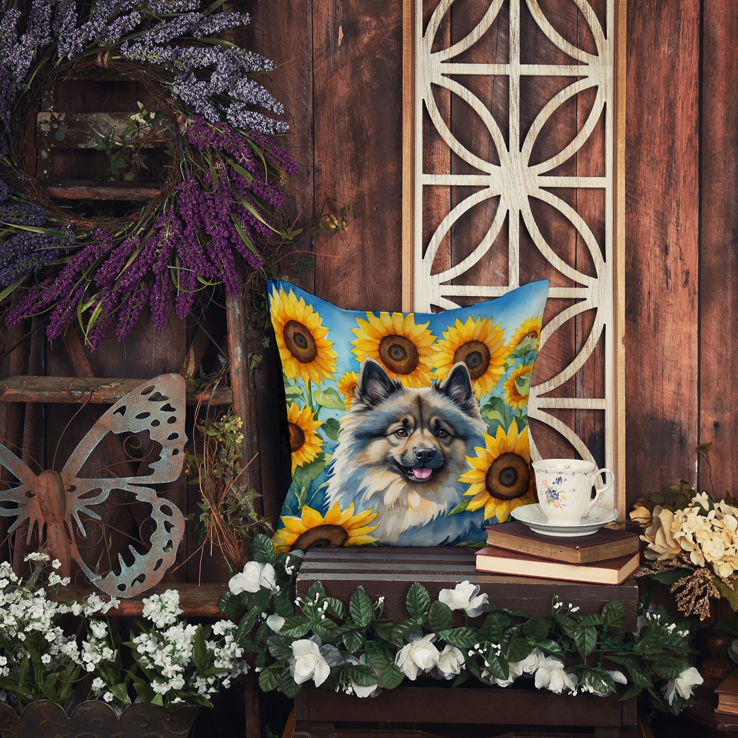 Keeshond in Sunflowers Decorative Throw Pillow 14x14 Indoor Outdoor Accent Cushion, Fabric Cover with Insert for Sofa, Bed, Porch & Living Room
